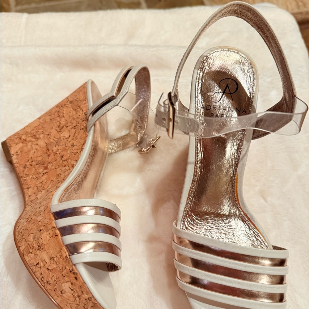 Adrianna Papell Silver and White Wedge Sandals with Ankle Strap